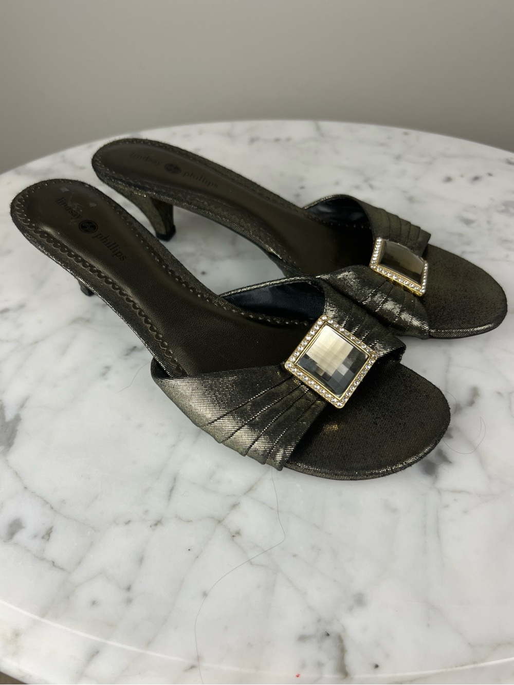 Lindsay Phillips “Sharyn” Kitten Heel Slide Mules 8.5 – Metallic Bronze/Pewter